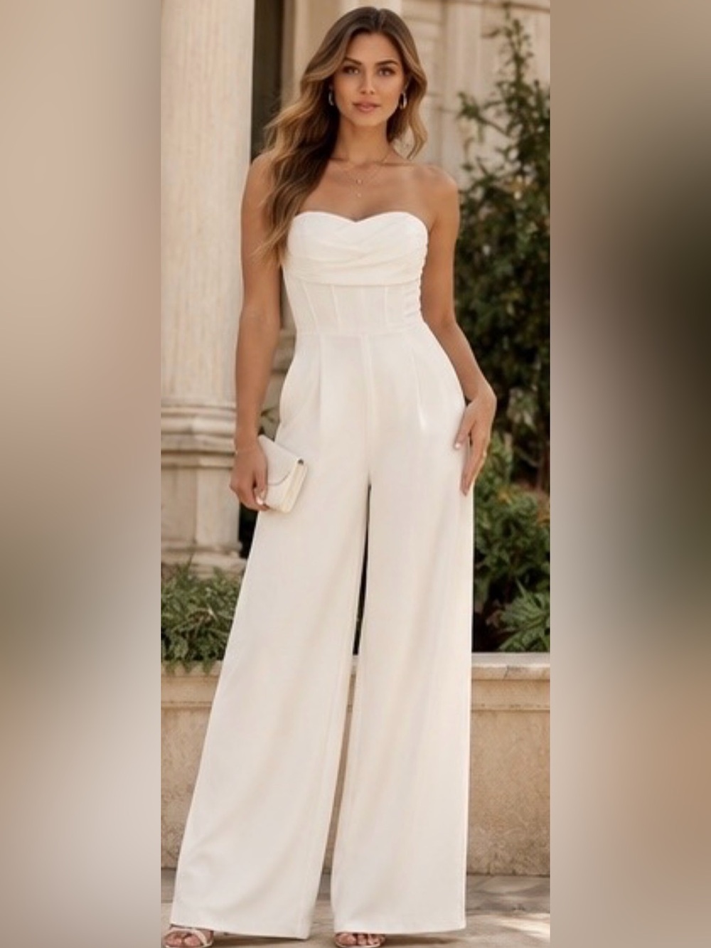 Lulus Fashionista Nights Ivory Strapless Bustier Wide Leg Jumpsuit XS